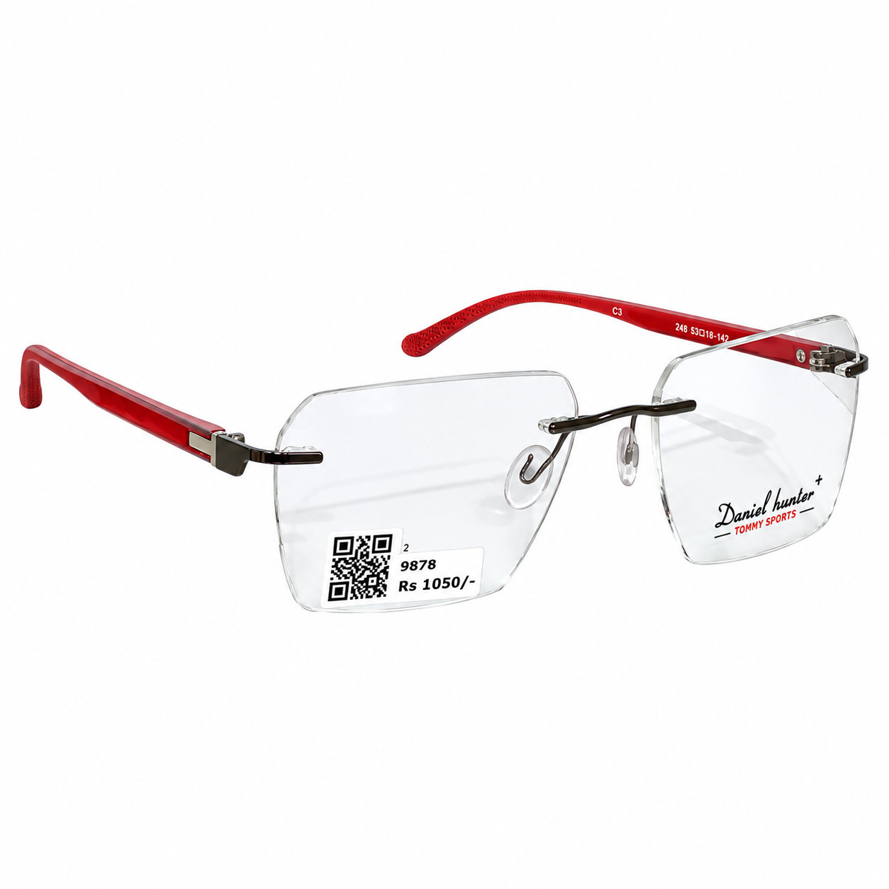 Daniel Hunter 248 Metal Tr Metalic Gray Red Square Rimless 53