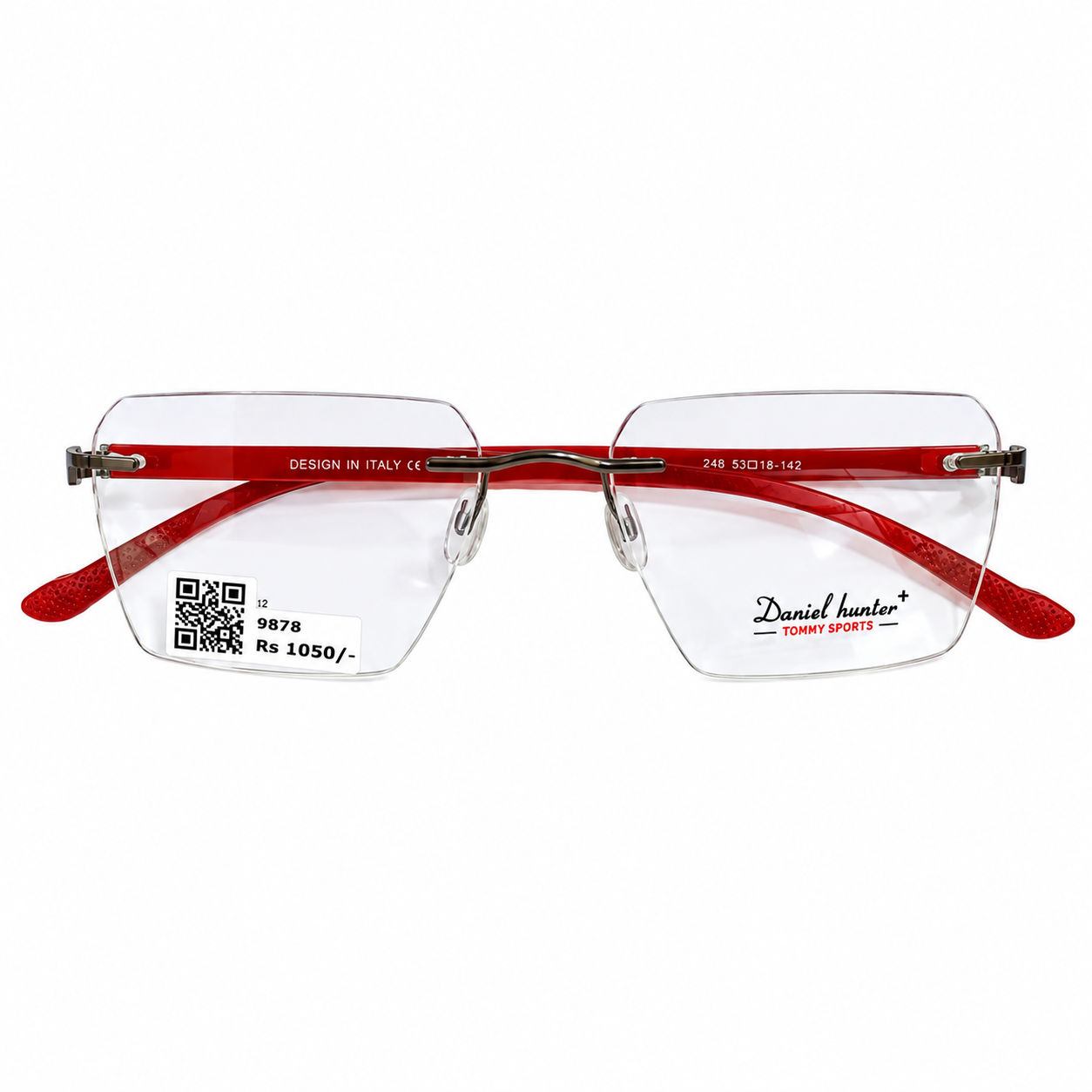Daniel Hunter 248 Metal Tr Metalic Gray Red Square Rimless 53