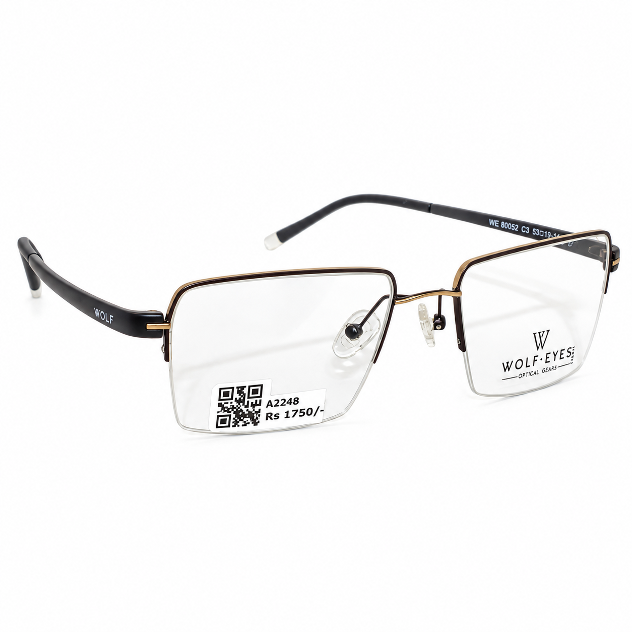 Wolfeyes WE80052 Metal Gold Black Square Half Frame 53